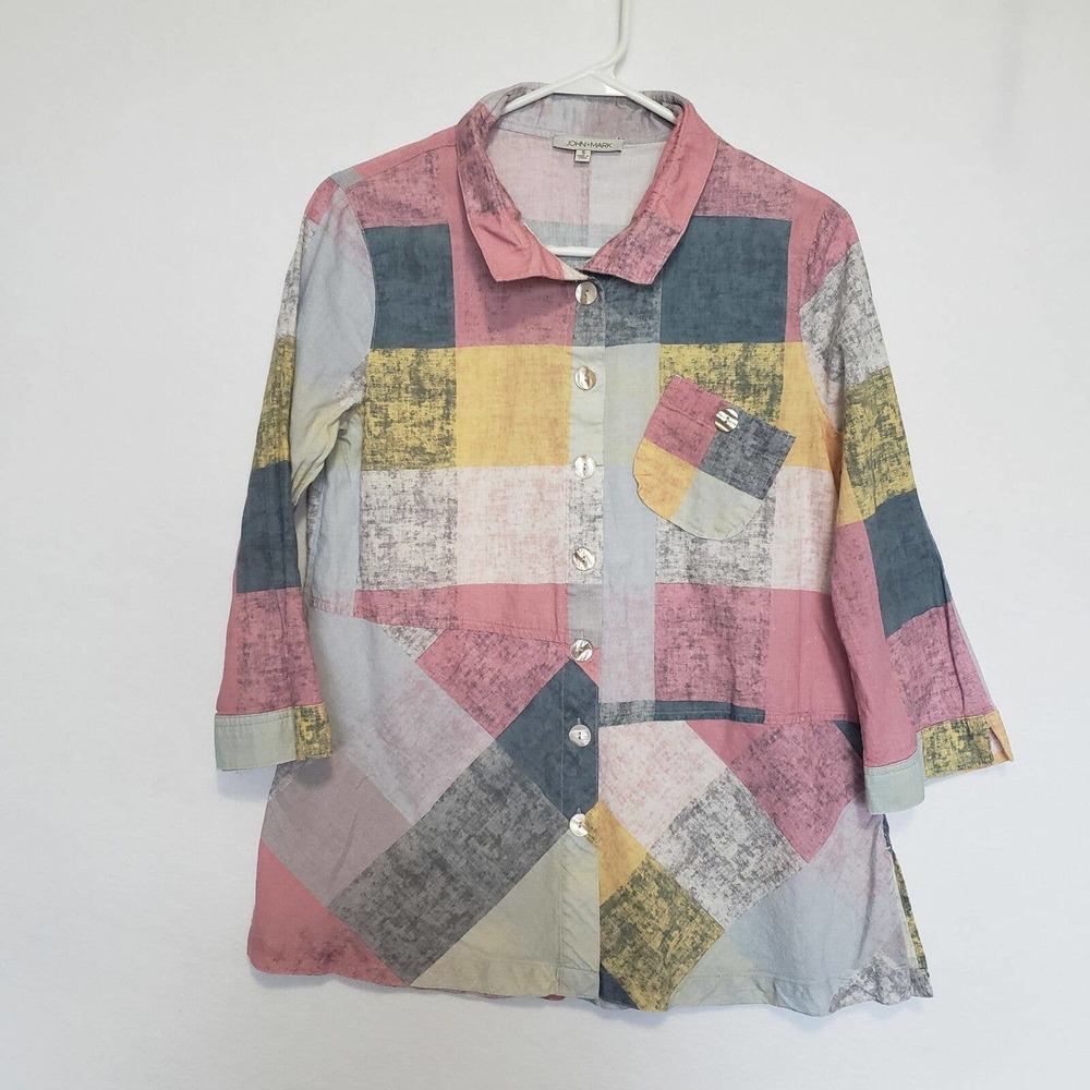JOHN MARK Womens Small Pastel Plaid Wired Collar Button Down Shirt Blouse